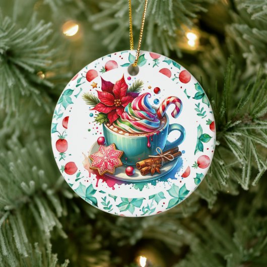 Waterverf Hot Cocoa, Candy Cane Gepersonaliseerd Keramisch Ornament (Boom)
