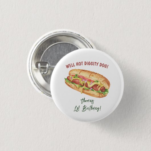 Waterverf Hot Dog Kids Verjaardag Ronde Button 3,2 Cm (Voorkant /achterkant)