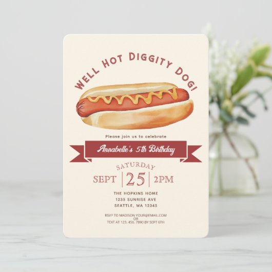 Waterverf Hot Dog Summer Kids Verjaardagsfeest Kaart (Staand voorkant)