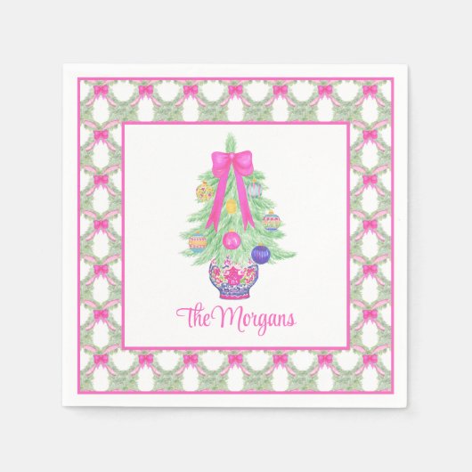 Waterverf Hot Pink Bow Ginger Jar Kerstboom Servet (Voorkant)