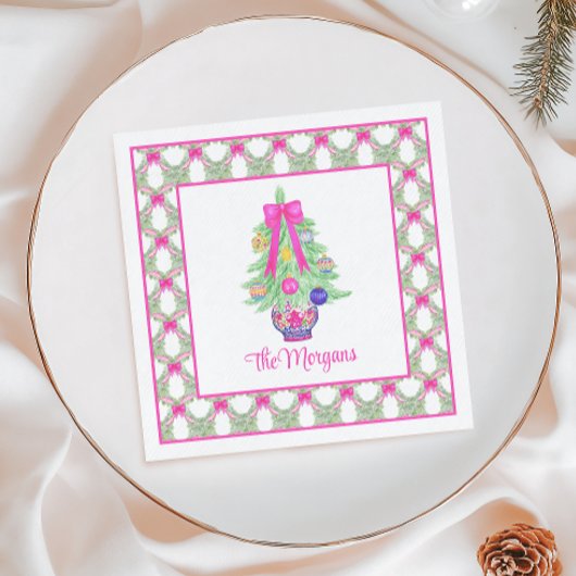 Waterverf Hot Pink Bow Ginger Jar Kerstboom Servet