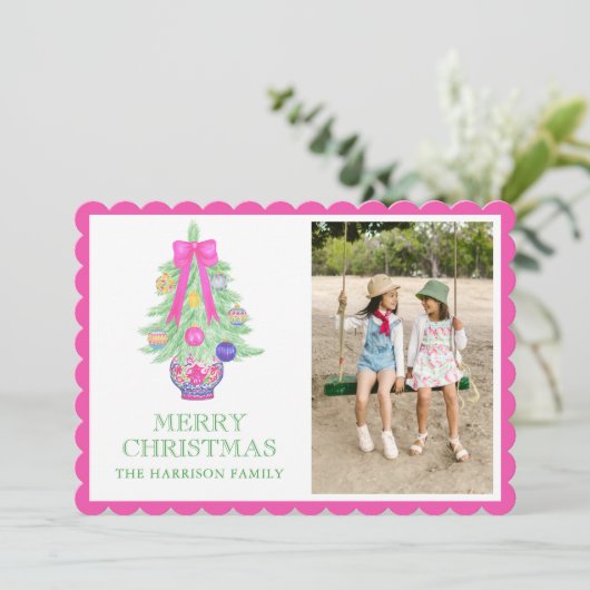 Waterverf Hot Pink Bow Ginger Jar Kerstfoto Feestdagenkaart (Staand voorkant)