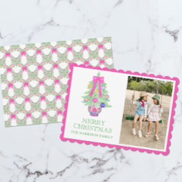 Waterverf Hot Pink Bow Ginger Jar Kerstfoto Feestdagenkaart