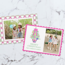 Waterverf Hot Pink Bow Ginger Jar Kerstfoto Feestdagenkaart