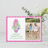 Waterverf Hot Pink Bow Ginger Jar Kerstfoto Feestdagenkaart (Staand voorkant)