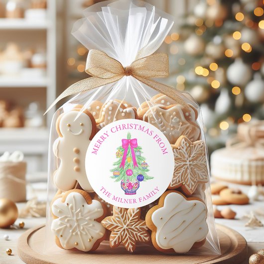 Waterverf Hot Pink Bow Ginger Jar Retouradres Ronde Sticker