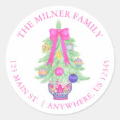 Waterverf Hot Pink Bow Ginger Jar Retouradres Ronde Sticker (Voorkant)