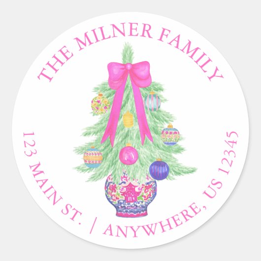 Waterverf Hot Pink Bow Ginger Jar Retouradres Ronde Sticker (Voorkant)