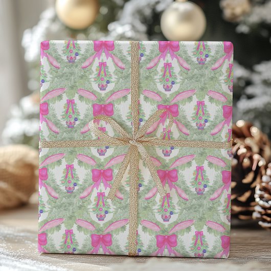 Waterverf Hot Pink Bow Ginger Jar Tree Kerstmis Cadeaupapier