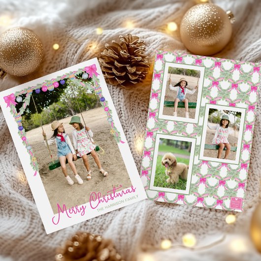 Waterverf Hot Pink Bows Garland Kerstfoto Feestdagenkaart