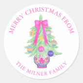 Waterverf Hot Pink Bows Kerst Ginger Jar Ronde Sticker (Voorkant)