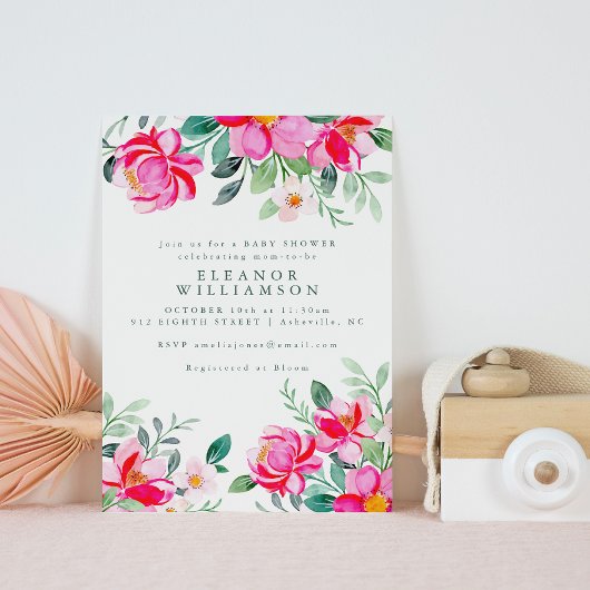 Waterverf "Hot Pink" Floral Baby shower Kaart