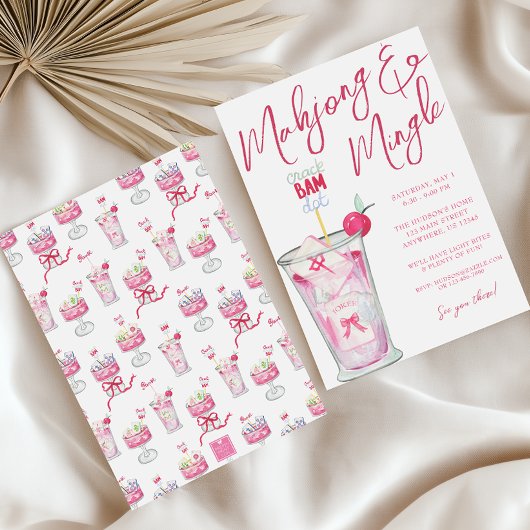 Waterverf Hot Pink Mahjong Cocktails Party Kaart