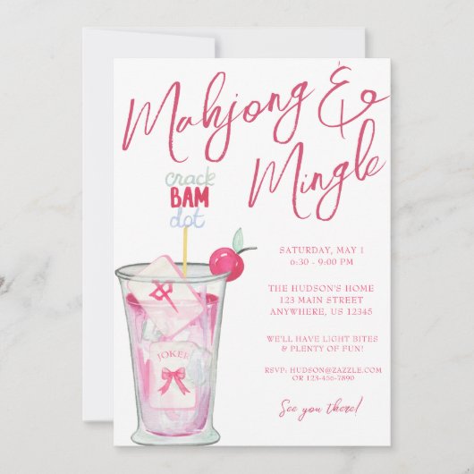Waterverf Hot Pink Mahjong Cocktails Party Kaart (Voorkant)