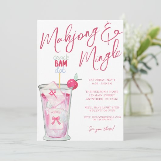 Waterverf Hot Pink Mahjong Cocktails Party Kaart (Staand voorkant)