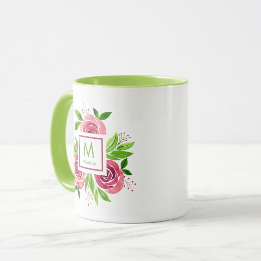 Waterverf Hot Pink Rozen Limoen monogram Two-Tone Mok (Voorkant links)