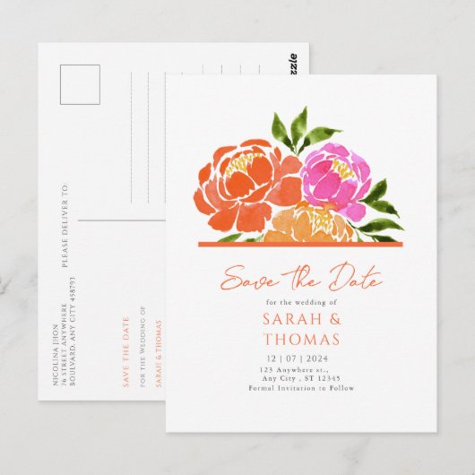 Waterverf Hot Pink Sinaasappel Floral Bewaar de da Briefkaart (Voorkant / Achterkant)