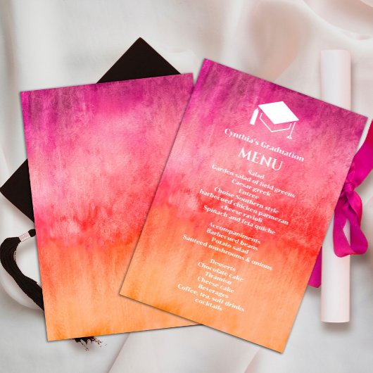 Waterverf Hot Roze en Oranje Afstuderen Diner Kaart