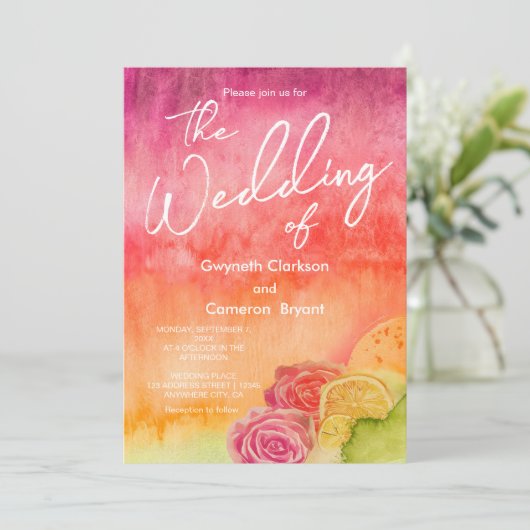 Waterverf Hot Roze en Sinaasappel bruiloft Kaart (Staand voorkant)