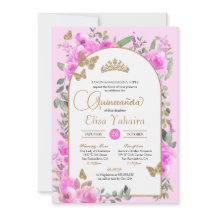 Waterverf Hot roze gouden vlinder quinceañera