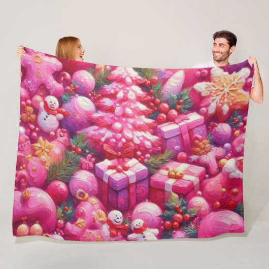 Waterverf Hot Roze Kerst Motieven Vakantie Fleece Deken (In situ)