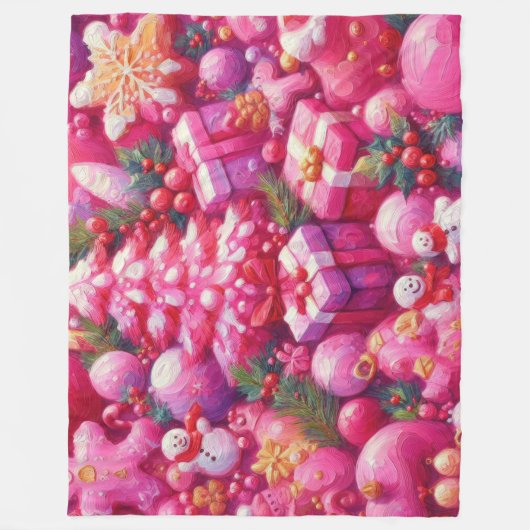 Waterverf Hot Roze Kerst Motieven Vakantie Fleece Deken (Voorkant)