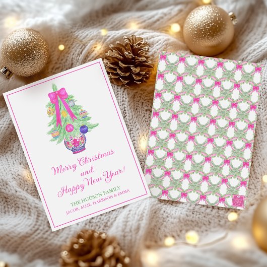 Waterverf Hot Roze Lint Gemberpot Kerstboom Feestdagenkaart