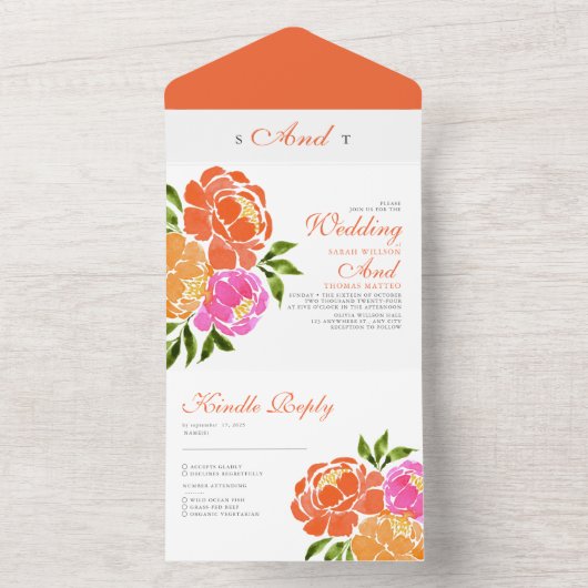 Waterverf Hot Roze Sinaasappel Bloemen Boho Huweli All In One Uitnodiging (Binnen)
