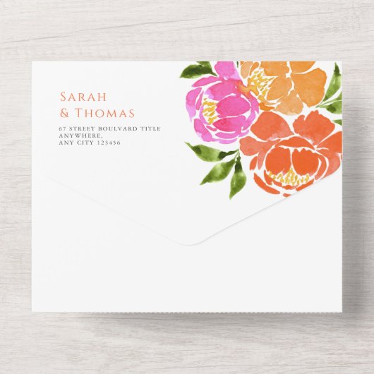 Waterverf Hot Roze Sinaasappel Bloemen Boho Huweli All In One Uitnodiging (Achterkant)