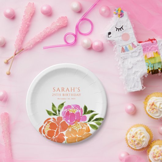 Waterverf Hot Roze Sinaasappel Bloemen Kleurrijk Papieren Bordje (Feest)