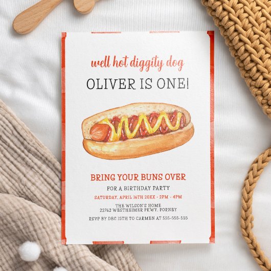 Waterverf hotdog 1e verjaardag kaart