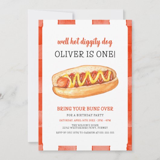 Waterverf hotdog 1e verjaardag kaart (Voorkant)