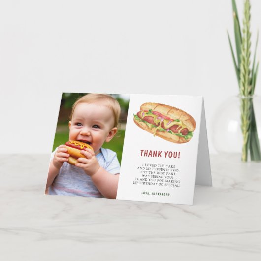 Waterverf Hotdog Eerste Verjaardagsfeestje Bedankkaart (Voorkant)