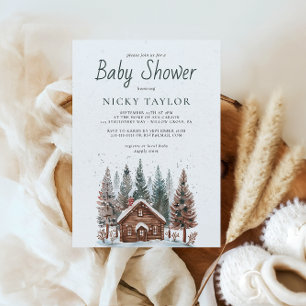 Waterverf House Pine Tree Snow Winter Baby shower Kaart