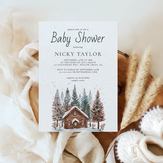 Waterverf House Pine Tree Snow Winter Baby shower Kaart