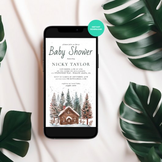 Waterverf House Pine Tree Snow Winter Baby shower Kaart