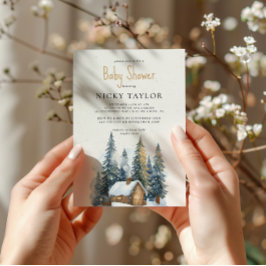 Waterverf House Pine Tree Snow Winter Baby shower Kaart