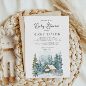 Waterverf House Pine Tree Snow Winter Baby shower Kaart