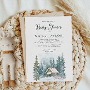 Waterverf House Pine Tree Snow Winter Baby shower Kaart