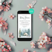 Waterverf House Pine Tree Snow Winter Baby shower Kaart