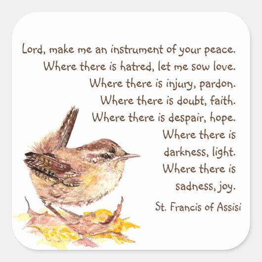 Waterverf House Wren Bird St. Francis Prayer Vierkante Sticker (Voorkant)