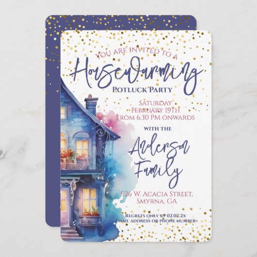 Waterverf Housewarming Party Kaart (Voorkant / Achterkant)