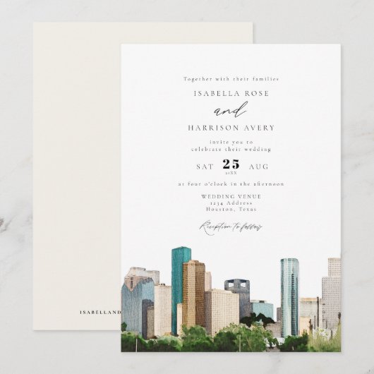 Waterverf Houston Texas City Skyline Wedding Kaart (Voorkant / Achterkant)