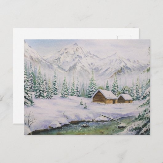 Waterverf Houten hout en pijnbomen in sneeuw Briefkaart (Voorkant / Achterkant)