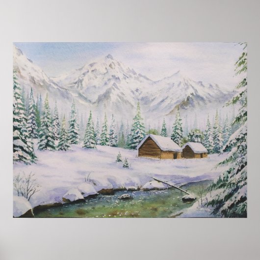 Waterverf Houten hout en pijnbomen in sneeuw Poster (Voorkant)