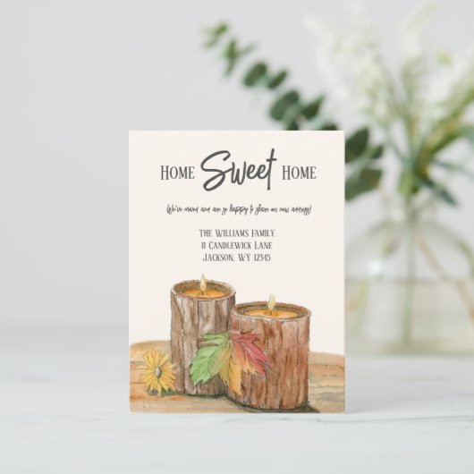Waterverf houten kaarsen in herfstverhuizing aankondigingskaart (Staand voorkant)