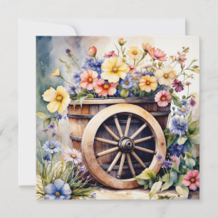 Waterverf Houten Wiel met Tuinbloemen Kaart