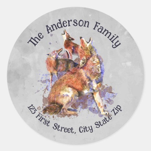 Waterverf Howling Coyote Pack Wildlife Animal Art Ronde Sticker (Voorkant)