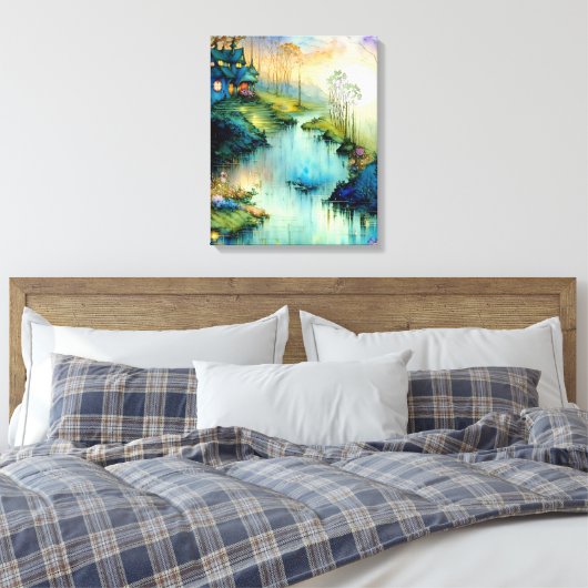 Waterverf Huis bij het River Poster Canvas Afdruk (Insitu (Slaapkamer))