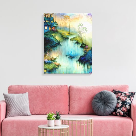 Waterverf Huis bij het River Poster Canvas Afdruk (Insitu (Woonkamer))